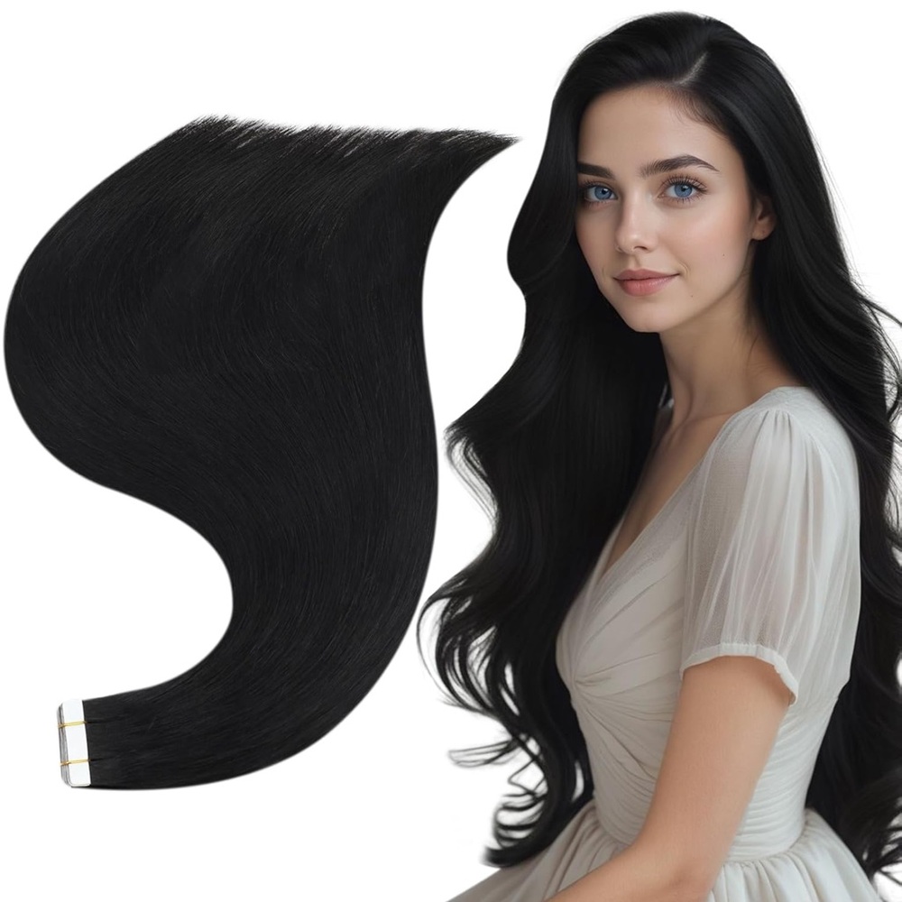 HUMAN HAIR Jet Black Tape In Extensions 18in 50g
